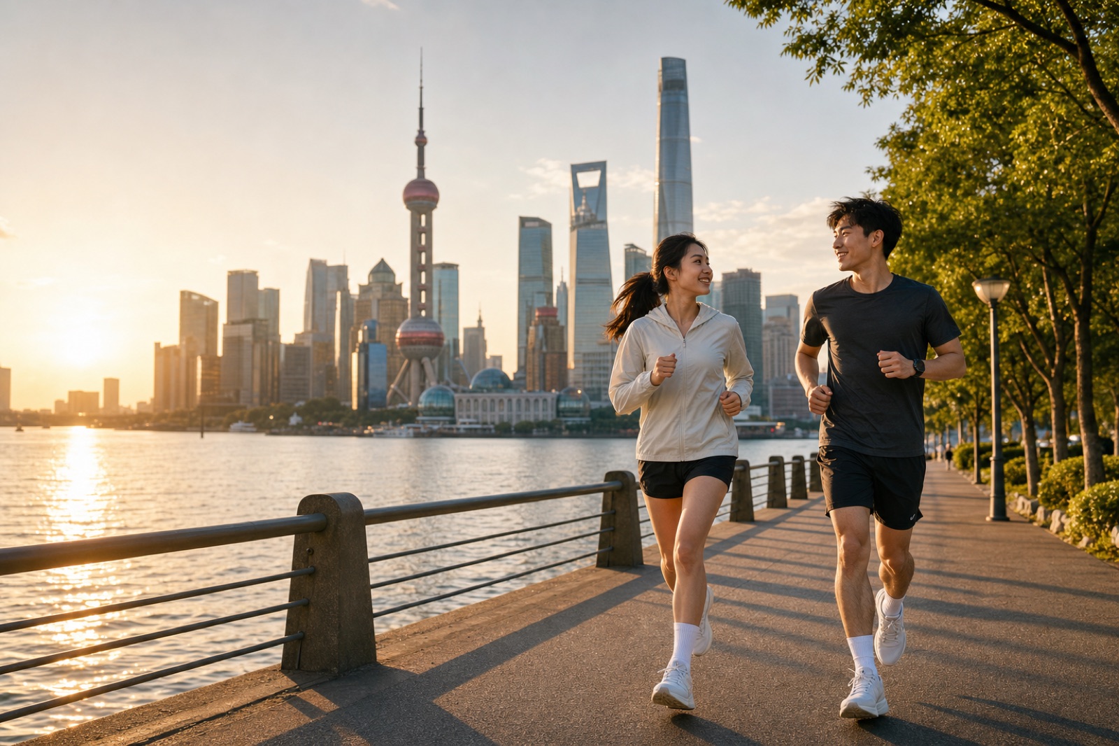 两位年轻人在城市河畔跑步
